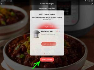 Screenshot of the Instant Pot app on iOS, showing its -Verify Cooker Status- page, with the -Start Cooking- button highlighted.