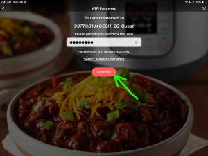 Picture of the Instant Pot app on iOS, displaying its -WiFi Password- page. Passkey edit box filled In for the 2.4 Ghz. network.