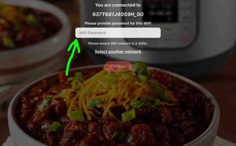 Screenshot of the Instant Pot app on iOS, prompting for WiFi password, with the -Password- edit box highlighted.