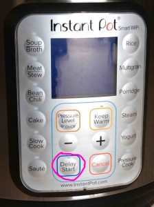 Picture of the Instant Pot smart electric WiFi pressure cooker buttons panel, showing the -Delay Start- button circled.