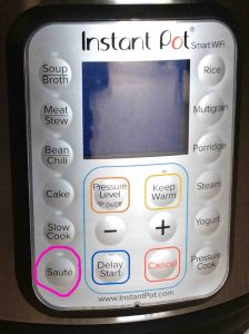 Picture of the Smart Instant Pot electric WiFi pressure cooker front panel, showing the -Saute- button circled.