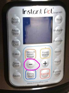 Picture of the Smart WiFi Instant Pot front view, showing the -Down- button circled.