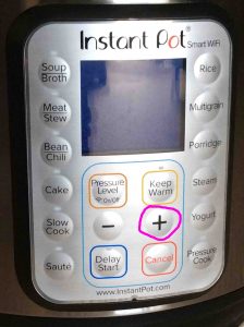 Picture of the Smart WiFi Instant Pot, view of front panel, showing the -Up- button circled.