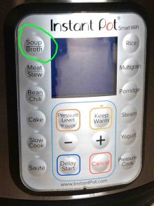 Picture of the WiFi Instant Pot front panel, with the -Broth Soup- button circled.