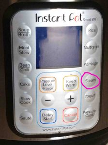 Picture of the WiFi Instant Pot pressure cooker, front view, with the -Steam- button circled.