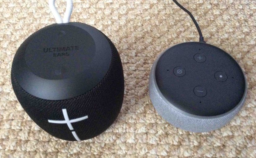 Picture of a WonderBoom UE Bluetooth speaker with an Alexa Amazon Echo Dot 3rd generation.
