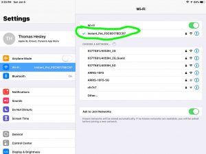 Screenshot of the iOS WiFi settings page, showing connected to an Instant Pot WiFi setup network highlighted.