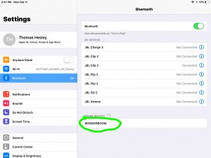 Screenshot of the iOS Bluetooth Settings page, showing the UE Wonderboom speaker as discovered But not paired, circled.