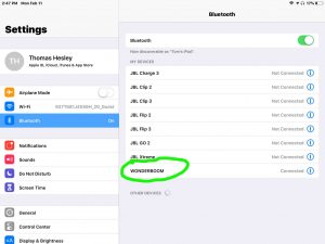 Picture of the iOS Bluetooth Settings page, Showing the Wonderboom as paired, and circled.