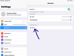 Screenshot of the iOS Bluetooth Settings page, showing the JBL Clip 2 speaker discovered but not paired, highlighted.