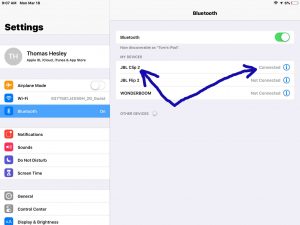 Screenshot of the iOS Bluetooth Settings page, showing the JBL Clip 2 speaker paired and highlighted.