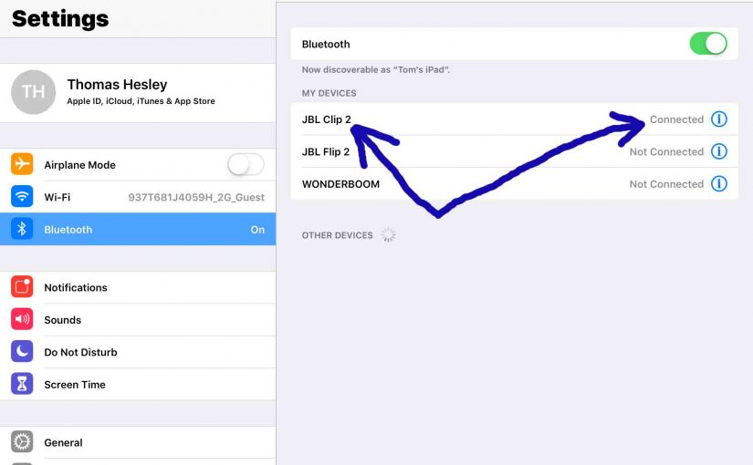 Screenshot of the iOS Bluetooth Settings page, showing the JBL Clip 2 speaker paired and highlighted.