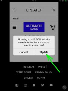 Screenshot of the UE app on iOS, showing its -Firmware Update Confirm Prompt- window, with the -Update- button highlighted.