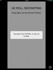 Screenshot of the UE app on iOS displaying its -Firmware Update Success- window.