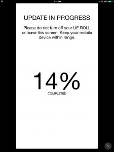 Screenshot of the UE app on iOS, displaying its -Update In Progress- screen, at 14 percent complete.