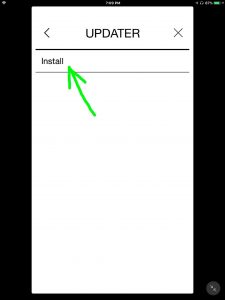 Screenshot of the UE app on iOS, displaying its -Updater- page, with the -Install- option highlighted.
