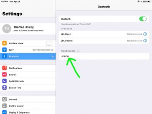 Screenshot of the iOS Bluetooth Settings page, showing the discovered Ultimate Ears UE Roll speaker listing.