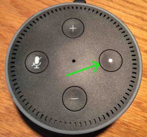 Picture of the Amazon Echo Dot 2 smart speaker, top view. Showing the Action button.