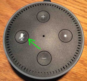 Picture of the Echo Dot 2 Alexa, top view, showing the Mic OFF ON button highlighted.