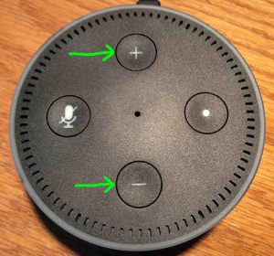 Picture of the Echo Dot 2 speaker, top view, showing the Volume buttons highlighted.