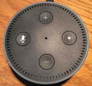 Picture of the Echo Dot 2 speaker, top view, showing all buttons.