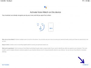 Screenshot of the -Activate Voice Match- page, with the -I Agree- link highlighted.