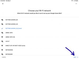 The -Choose Your WiFi Network- page, with the -Next- link highlighted.