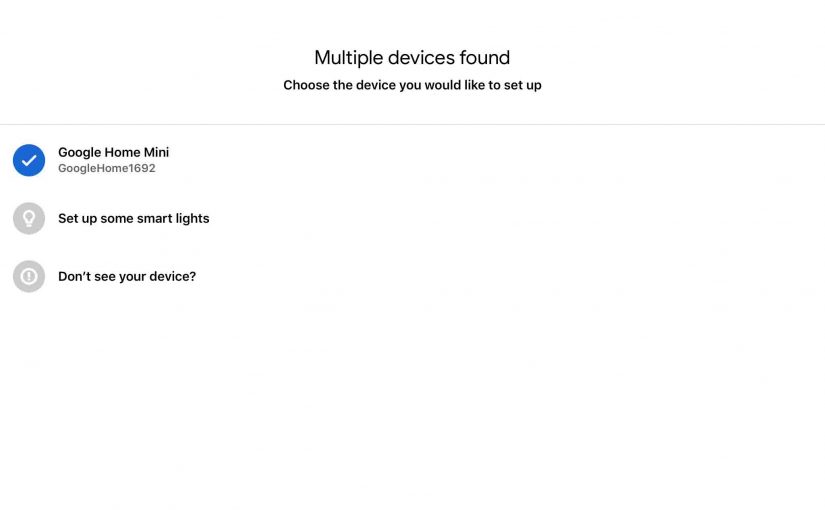 Screenshot of the Google Home app on iOS, showing its -Devices Found- page, with a Mini speaker checked.