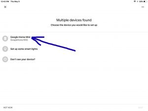 Screenshot of the Google Home app on iOS, showing its -Devices Found- page, with a Mini Speaker highlighted.