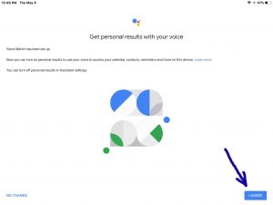 Screenshot of the -Get Personal Results With Your Voice- page, with the -I Agree- link highlighted.