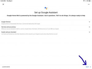 Screenshot of the -Set Up Google Assistant- page, with the -Next- link highlighted.