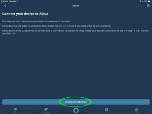 Screenshot of the Alexa app, showing its -Connect your Device to Alexa- page, with the -Discover Devices- button circled.