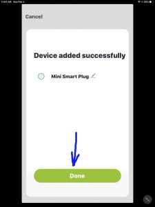 Screenshot of the Gosund app showing its -Device Added Successfully- screen, with the -Done- button highlighted.