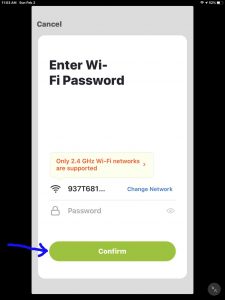 Gosund Mini WiFi Outlet Setup: Screenshot of the Gosund app displaying its -Enter Wi-Fi Password- page, with the -Confirm- button highlighted.