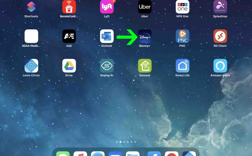 iOS Home screen with the Disney Plus app highlighted.