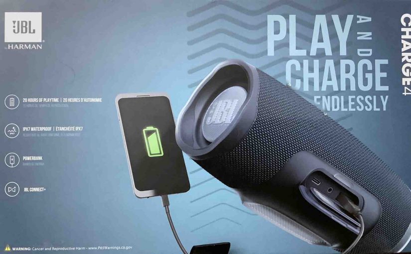 Picture of the JBL Charge 4 packaging, back view.