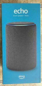 Front portrait view of the Amazon Echo 3rd Generation speaker package.
