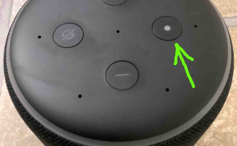 Top view of the Alexa Echo Generation 3 speaker, showing the -Action- button highlighted.