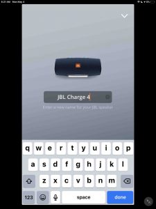 Screenshot of the JBL Connect app, showing the Charge 4 -Change Name- page, with the default speaker name filled in the -Name- edit box.