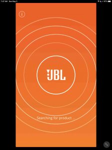 Picture of the JBL Connect app, showing its -Start Up, Searching for Products- screen. JBL Charge 4 Firmware Upgrade.