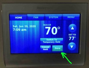 Picture of a common Honeywell thermostat, displaying its -Hold Options- screen, in -Permanent Hold- mode, with the -Done- button highlighted.