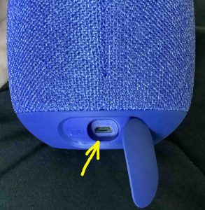 Back of the Ultimate Ears Wonderboom 2 speaker, showing its micro USB charge port highlighted.