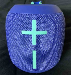 Picture of the front of the Wonderboom 2 speaker, showing the two buttons you press to check current battery charge level.
