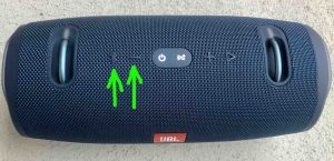 Top view of this wireless speaker, showing the -Bluetooth- and -Volume Down- buttons highlighted. JBL Xtreme 2 Buttons.