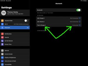 Screenshot of the iPadOS -Bluetooth Settings- page, showing the JBL Charge 4 BT speaker, paired and highlighted.