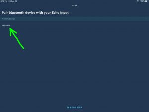 Screenshot of the app displaying the -Pair Bluetooth Device with your Echo Input- page, showing that it found the Sony XB12.