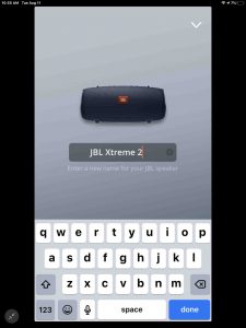 Screenshot of the Connect app on iOS, displaying the JBL Xtreme 2 -Enter New Speaker Name- page. How to Change JBL Xtreme 2 Name.