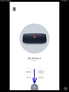 Screenshot of the JBL Connect app, showing the JBL Xtreme 2 speaker Home page, with the Settings gear highlighted. How to Change JBL Xtreme 2 Name.