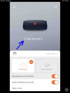 Screenshot of the Connect app on iOS, displaying the speaker's Settings page, with the Edit Name control highlighted. How to Rename JBL Xtreme 2..