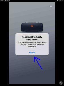 Screenshot of the Connect app on iPadOS, displaying the Reconnect to Apply New Name page, with the Got It link highlighted. How to Rename JBL Xtreme 2.